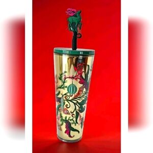 Starbucks Holiday 2024 Reindeer Topper & reindeer w/ornaments on gold backdrop